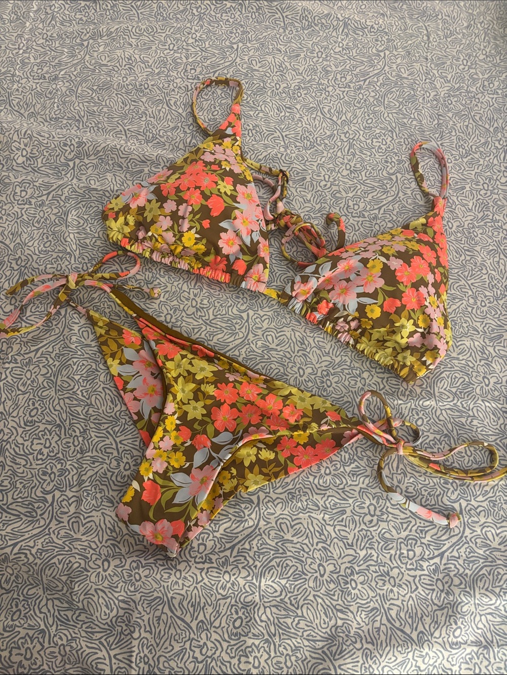 Billabong Floral Triangle Bikini — Olive, Coral, Pink, Yellow